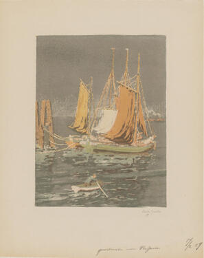 Darstellung meherer Boote mit orangenen Segeln auf offenem Meer